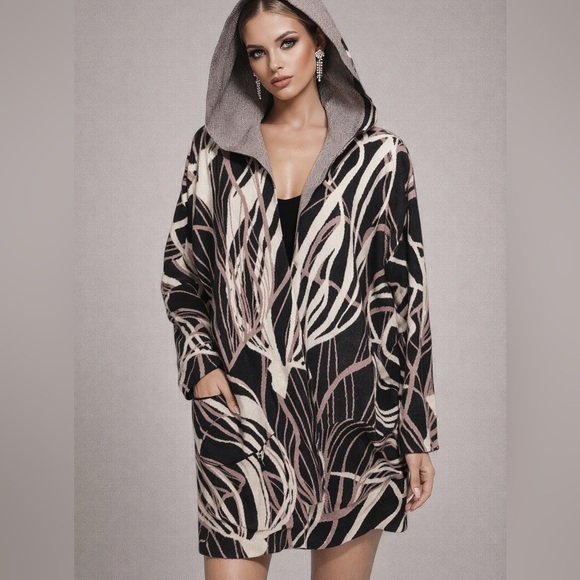 Boutique Sweaters - 0498. New Stylish Hooded Abstract Pattern  knitted Cardigan